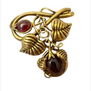 Vtg MFA Garnet Cabochon Gold tone On Sterling Silver Boston  Leaves Brooch